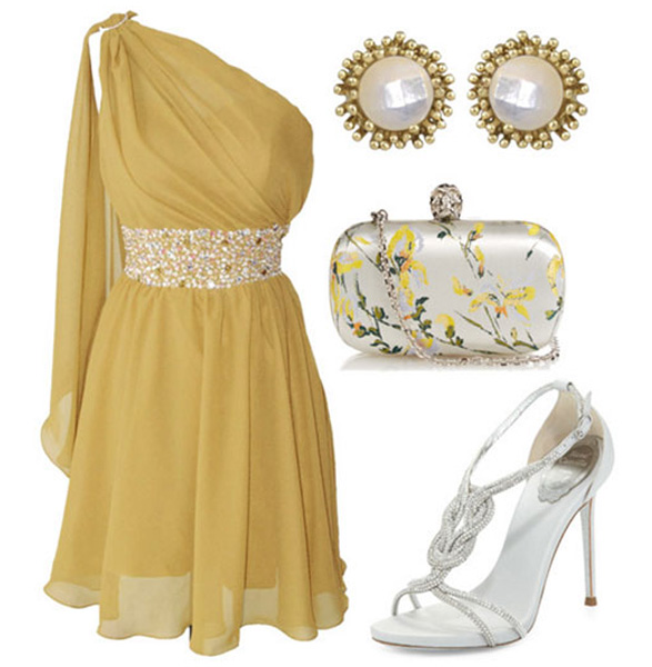 стильное желтое платье с аксессуарами